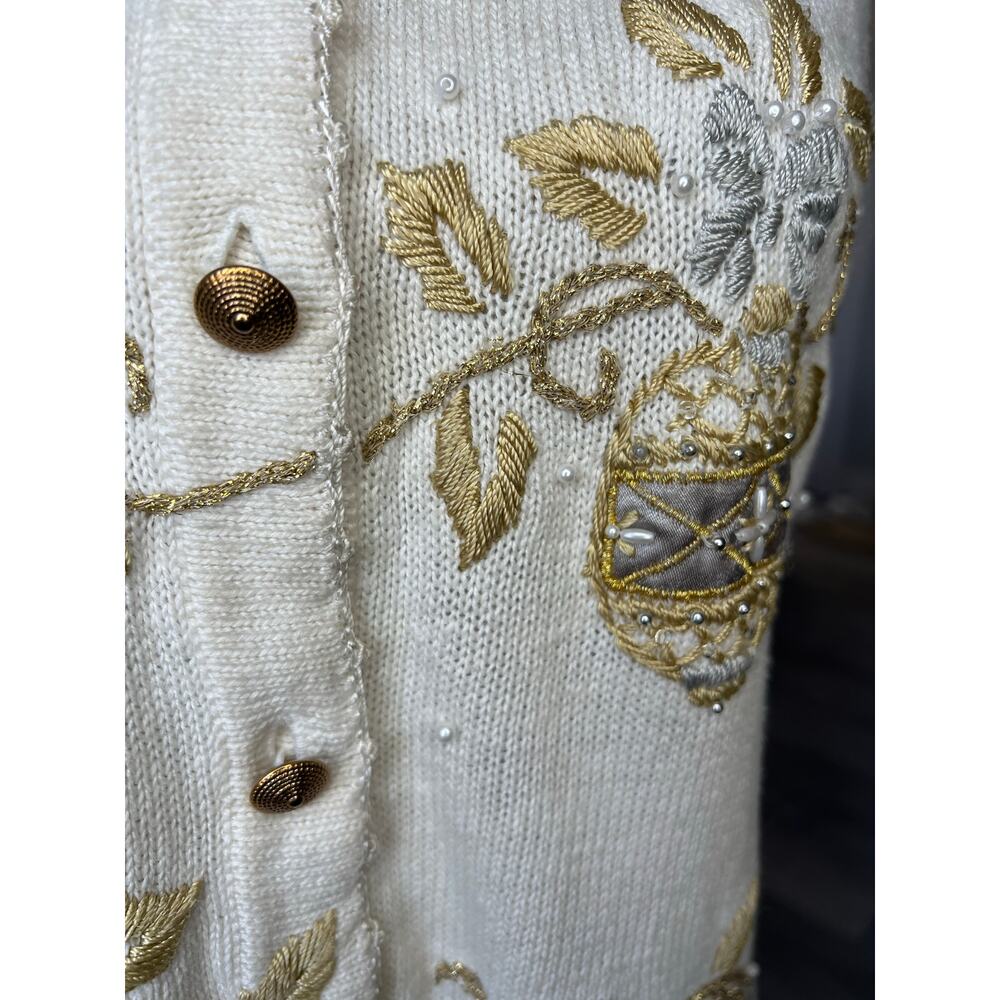 Vintage holiday knit vest sequins embroidered cream retro grandma core festive - Picture 6 of 7